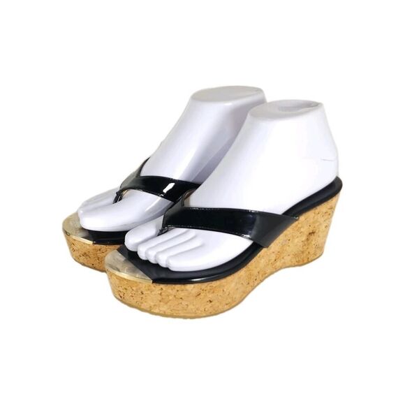 Jimmy Choo Women's Pathos Black 38 US7,5 Patent Leather Cork Thong Wedge Sandals - Picture 1 of 16